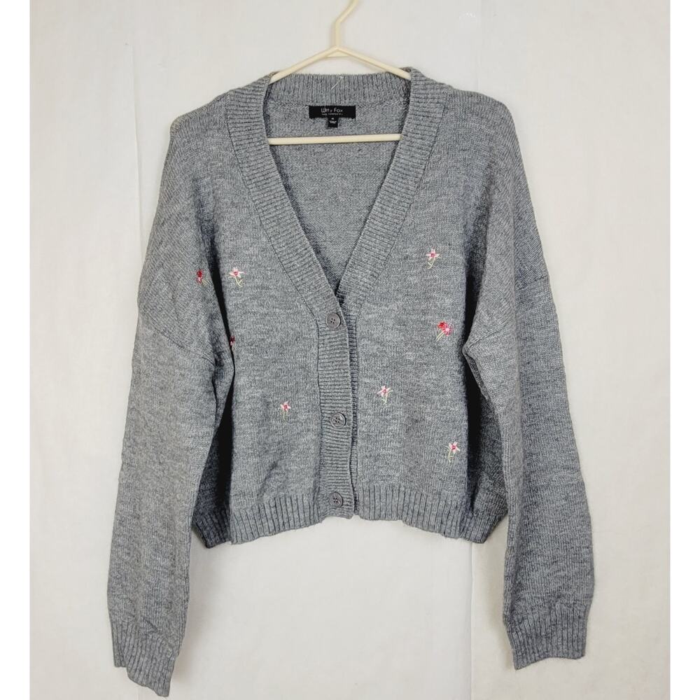 New Witty Fox grey embroidered dainty flowers cardigan sweater Size XL Cottage